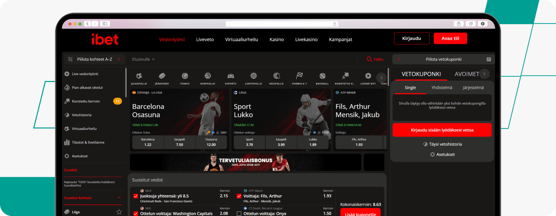 screenshot of ibet finland sportsbook