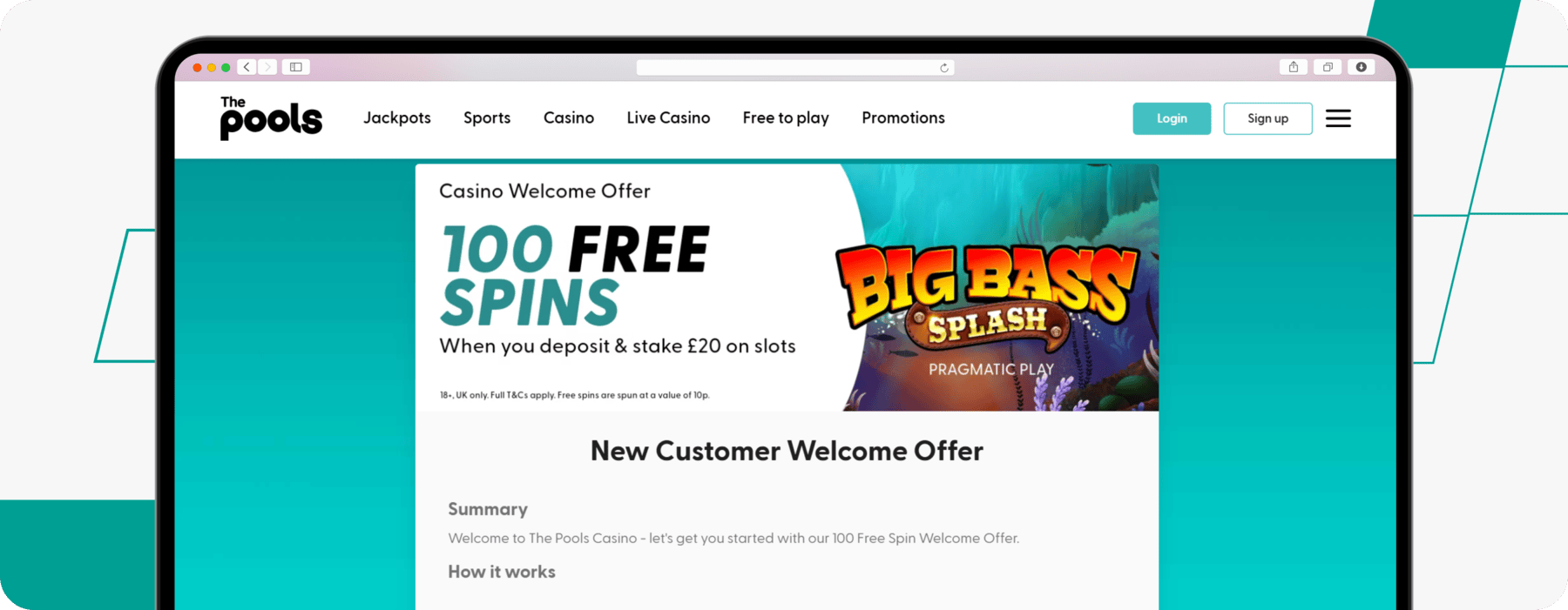 screenshot of the pools casino welcome offer